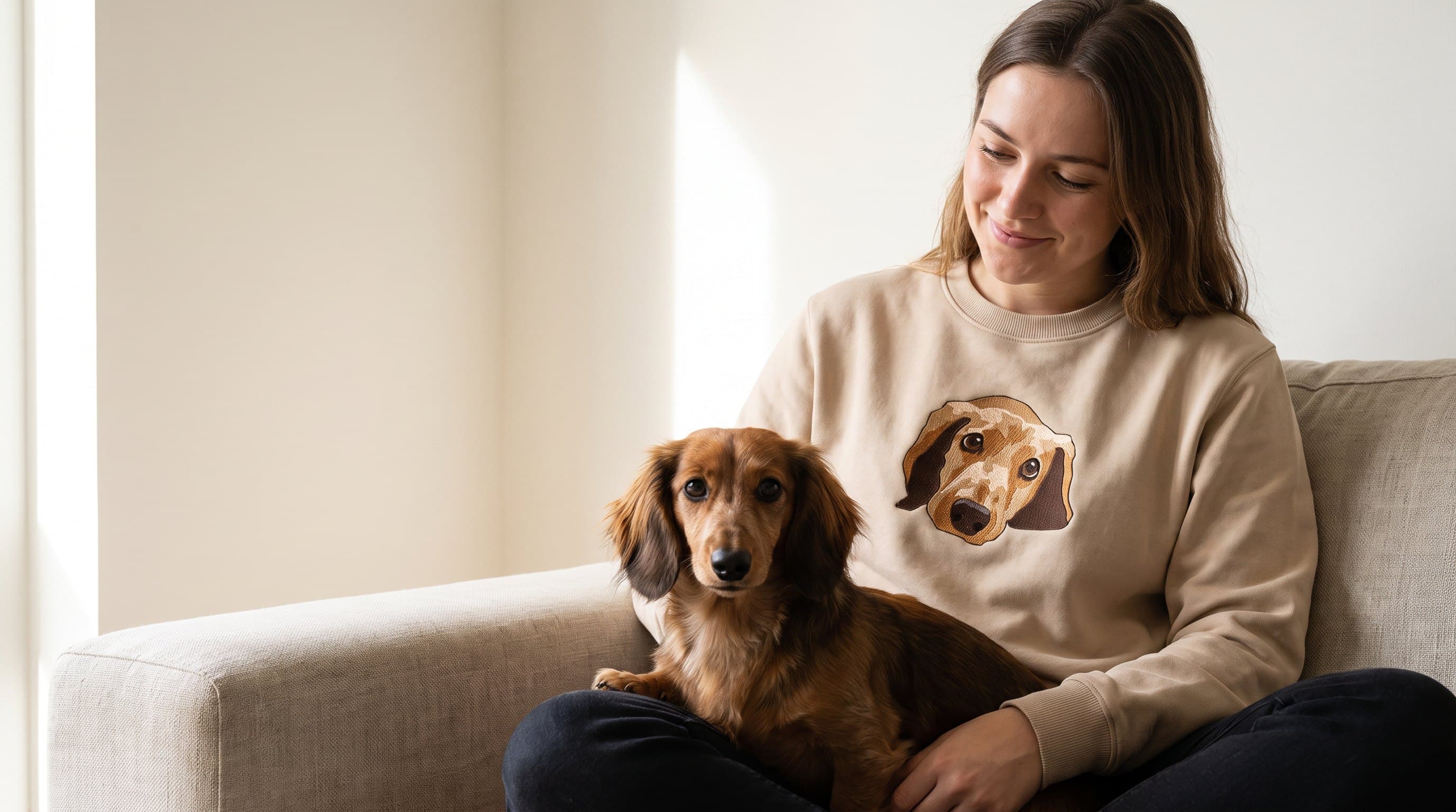 A woman in a sand sweatshirt with her dachshund's portrait embroidered on it, the dachshund on her lap