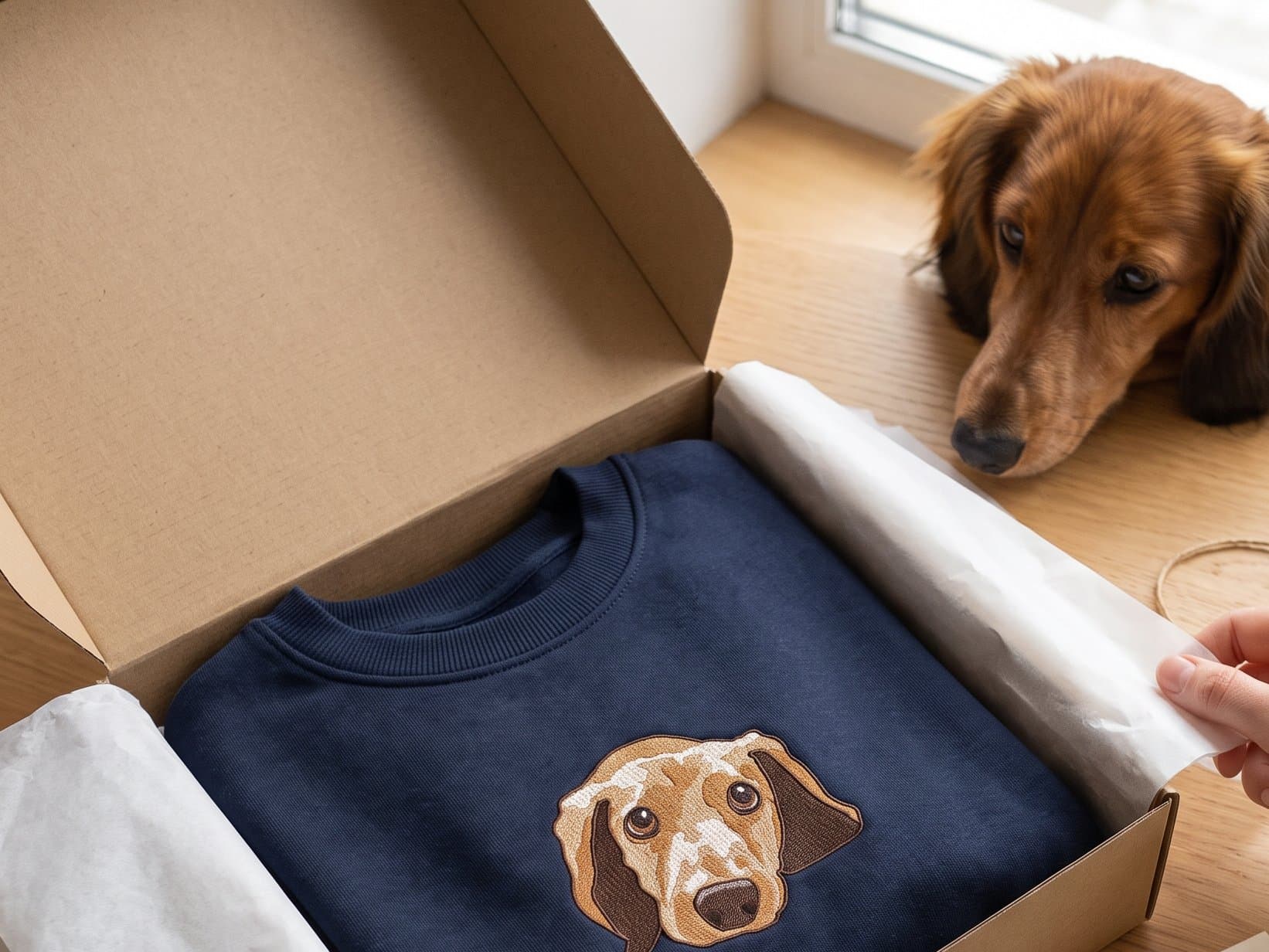 A navy sweatshirt with an embroidered dachshund in a gift box, the dachshund watching